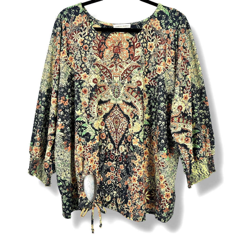 Farmers Market Deco Tie Waist Jacobean Floral Embellished Shirt Plus Size 2X